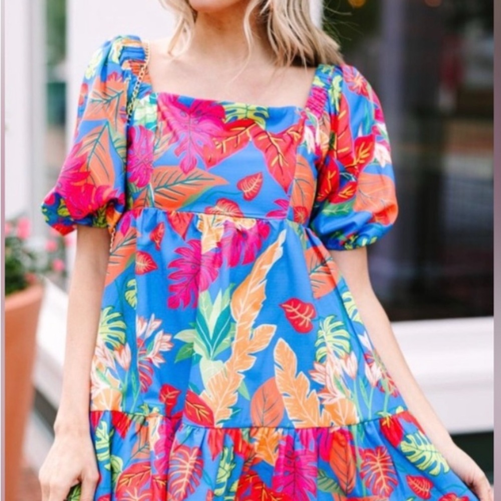 Bright Tropical Puff-Sleeve Mini Dress – Size Small 🌺 flying tomato